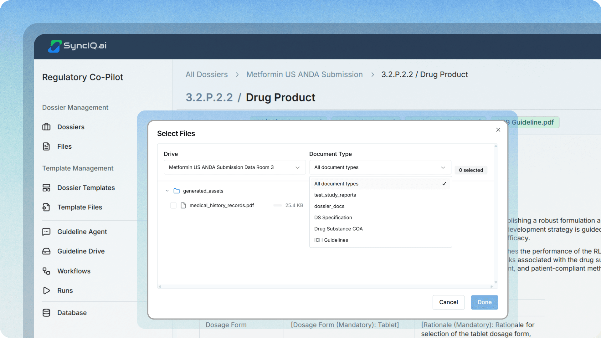 A Select Files dialog in SyncIQ Regulatory Atlas showing a submission data room with source files classified by document type: test study reports, dossier docs, DS Specification, Drug Substance COA and ICH Guidelines.