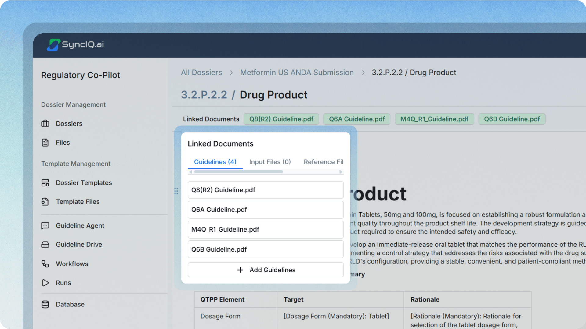 SyncIQ Regulatory Atlas on section 3.2.P.2.2 Drug Product, with a Linked Documents panel listing the guideline PDFs the draft is generated against.