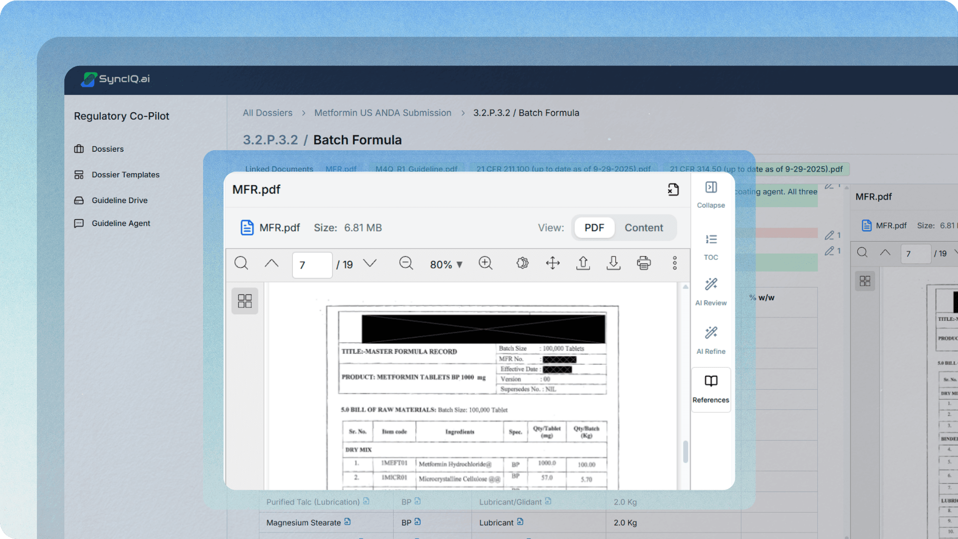 A Batch Formula section in SyncIQ Regulatory Atlas with the source MFR.pdf opened to the exact page backing the drafted values, alongside the References rail.